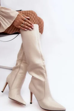 Skórzane Kozaki Na Szpilce Beżowe Melisandra