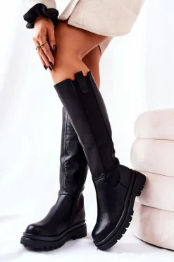 Skórzane Kozaki Ocieplane Czarne Panaris