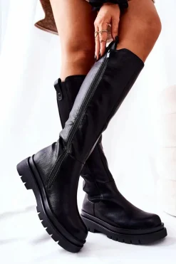 Skórzane Kozaki Ocieplane Czarne Panaris