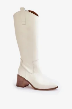 Skórzane Kozaki Przed Kolano Na Słupku Zazoo 3675 Białe