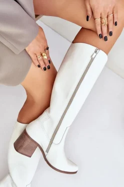 Skórzane Kozaki Przed Kolano Na Słupku Zazoo 3675 Białe