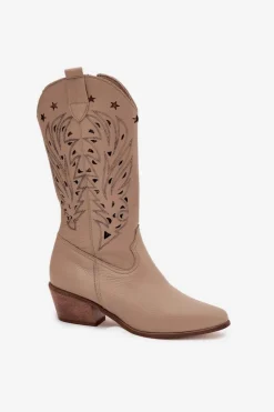 Skórzane Kozaki Z Ażurową Cholewką Zazoo 3714 Ciemnobeżowe