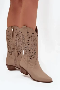 Skórzane Kozaki Z Ażurową Cholewką Zazoo 3714 Ciemnobeżowe