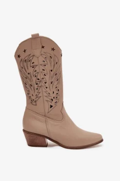 Skórzane Kozaki Z Ażurową Cholewką Zazoo 3714 Ciemnobeżowe