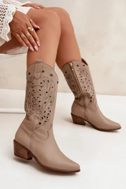 Skórzane Kozaki Z Ażurową Cholewką Zazoo 3714 Ciemnobeżowe