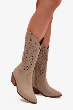 Skórzane Kozaki Z Ażurową Cholewką Zazoo 3714 Ciemnobeżowe