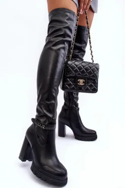 Skórzane Kozaki Za Kolano Na Masywnym Słupku Czarne Kytia