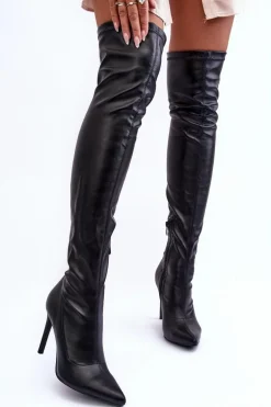 Skórzane Kozaki Za Kolano Na Szpilce Czarne Zolno