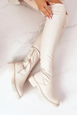 Skórzane Kozaki Za Kolano Beżowe Selina