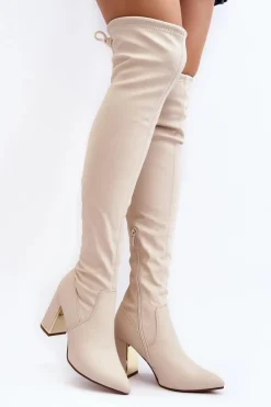 Skórzane Kozaki Za Kolano Na Słupku Jasnobeżowe Amalitas
