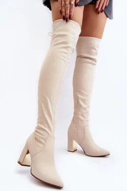 Skórzane Kozaki Za Kolano Na Słupku Jasnobeżowe Amalitas