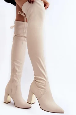 Skórzane Kozaki Za Kolano Na Słupku Jasnobeżowe Amalitas