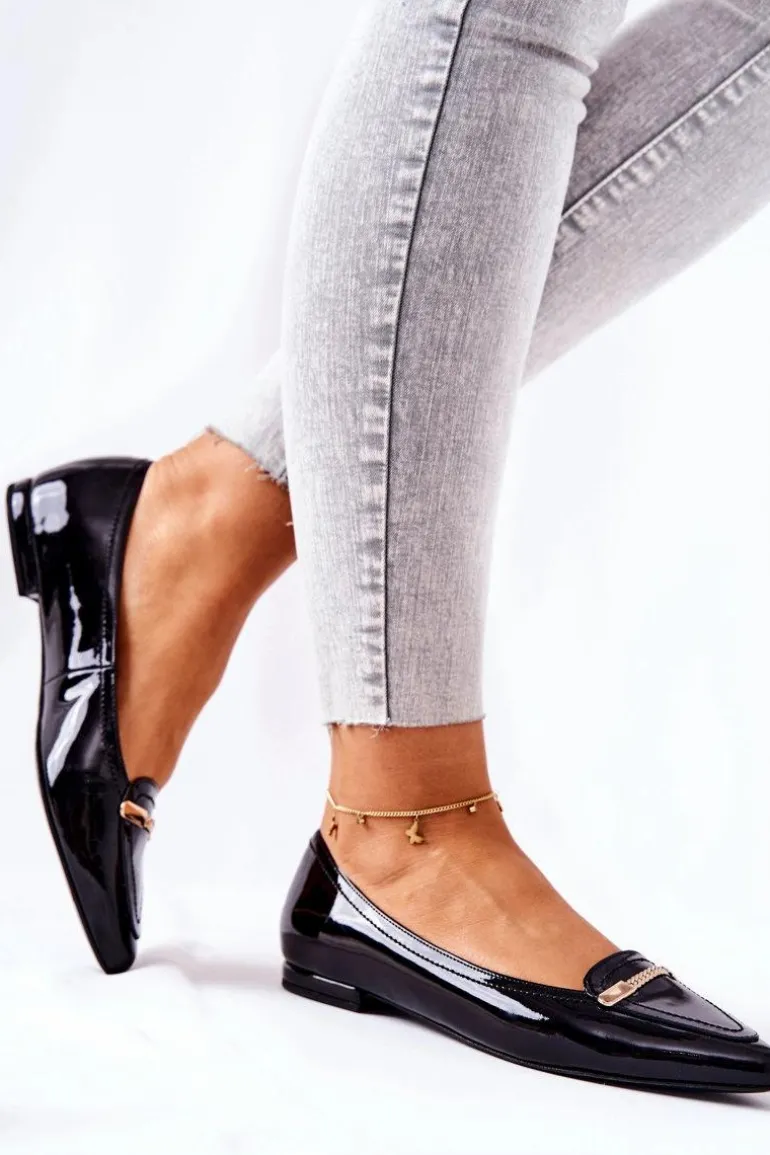 Skórzane Lakierowane Baleriny Monnari 0160-020 Czarne