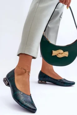 Skórzane Lakierowane Baleriny Na Płaskim Obcasie Ciemnozielone Vaani