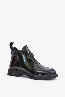 Skórzane Lakierowane Botki Damskie Na Zamek D&A JC42-24 Czarne