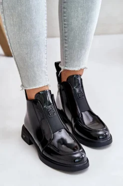 Skórzane Lakierowane Botki Damskie Na Zamek D&A JC42-24 Czarne