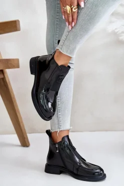 Skórzane Lakierowane Botki Damskie Na Zamek D&A JC42-24 Czarne