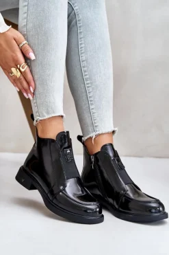 Skórzane Lakierowane Botki Damskie Na Zamek D&A JC42-24 Czarne