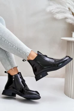 Skórzane Lakierowane Botki Damskie Na Zamek D&A JC42-24 Czarne