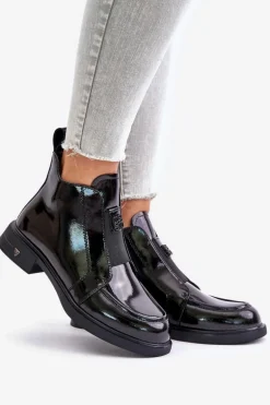 Skórzane Lakierowane Botki Damskie Na Zamek D&A JC42-24 Czarne