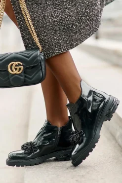 Skórzane Lakierowane Botki Z Ozdobą Ocieplane D&A LZ42-036 Czarne