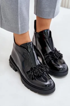 Skórzane Lakierowane Botki Z Ozdobą Ocieplane D&A LZ42-036 Czarne