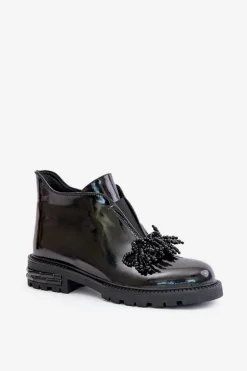 Skórzane Lakierowane Botki Z Ozdobą Ocieplane D&A LZ42-036 Czarne