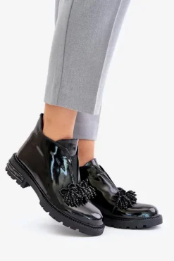 Skórzane Lakierowane Botki Z Ozdobą Ocieplane D&A LZ42-036 Czarne