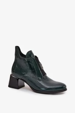 Skórzane Lakierowane Botki Na Klocku Z Ozdobnym Detalem Ocieplane Zazoo 60560 Ciemnozielone