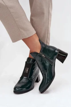 Skórzane Lakierowane Botki Na Klocku Z Ozdobnym Detalem Ocieplane Zazoo 60560 Ciemnozielone