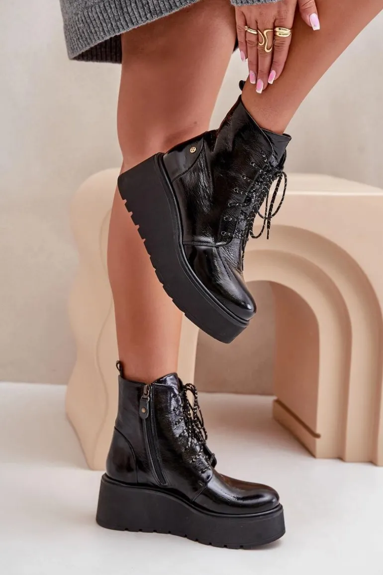 Skórzane Lakierowane Botki Na Platformie I Koturnie Maciejka 06762-01 Czarne