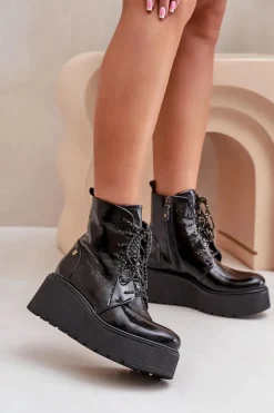 Skórzane Lakierowane Botki Na Platformie I Koturnie Maciejka 06762-01 Czarne