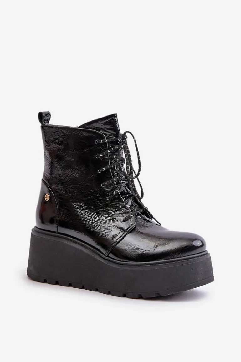 Skórzane Lakierowane Botki Na Platformie I Koturnie Maciejka 06762-01 Czarne