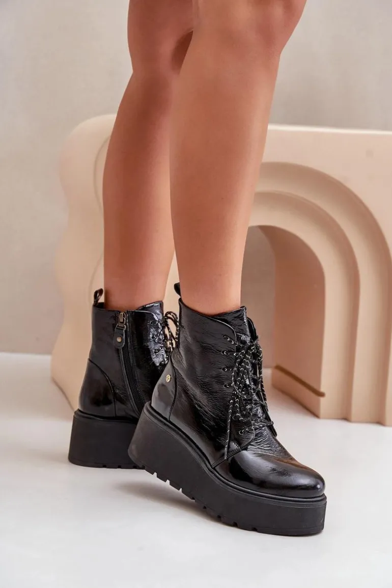 Skórzane Lakierowane Botki Na Platformie I Koturnie Maciejka 06762-01 Czarne