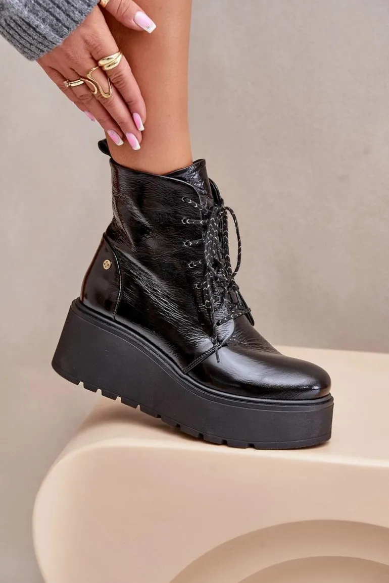Skórzane Lakierowane Botki Na Platformie I Koturnie Maciejka 06762-01 Czarne