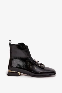 Skórzane Lakierowane Botki Damskie Na Niskim Obcasie Z Ozdobą D&A MR52-216 Czarne