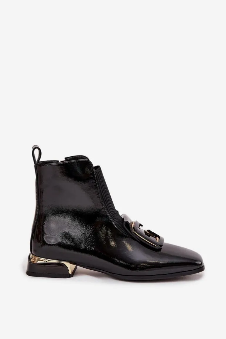 Skórzane Lakierowane Botki Damskie Na Niskim Obcasie Z Ozdobą D&A MR52-216 Czarne