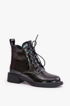 Skórzane Lakierowane Botki Z Ociepleniem Czarne Bellani