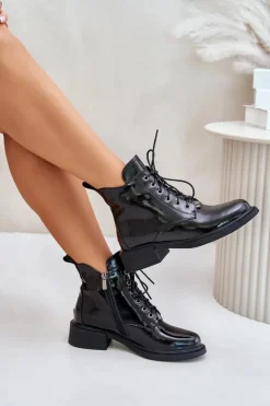 Skórzane Lakierowane Botki Z Ociepleniem Czarne Bellani