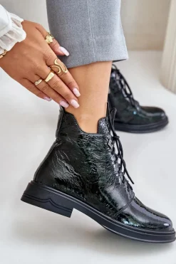 Skórzane Lakierowane Botki Damskie Ocieplane Na Zamek D&A LZ42-042 Ciemnozielone