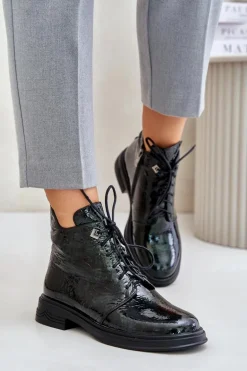 Skórzane Lakierowane Botki Damskie Ocieplane Na Zamek D&A LZ42-042 Ciemnozielone