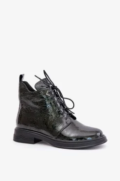 Skórzane Lakierowane Botki Damskie Ocieplane Na Zamek D&A LZ42-042 Ciemnozielone