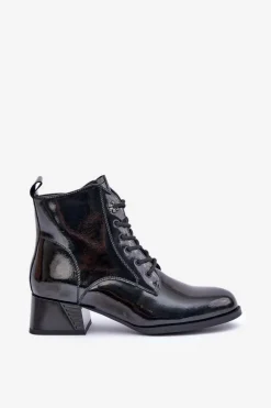 Skórzane Lakierowane Botki Na Klocku Ocieplane D&A JC42-53 Czarne