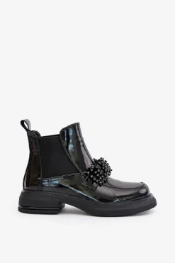 Skórzane Lakierowane Botki Z Ozdobą Wsuwane Ocieplane Czarne Solimav