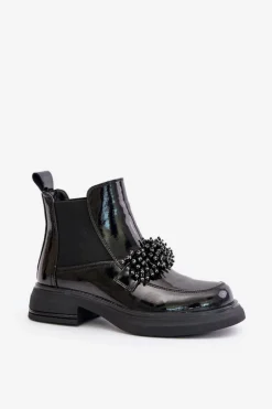 Skórzane Lakierowane Botki Z Ozdobą Wsuwane Ocieplane Czarne Solimav