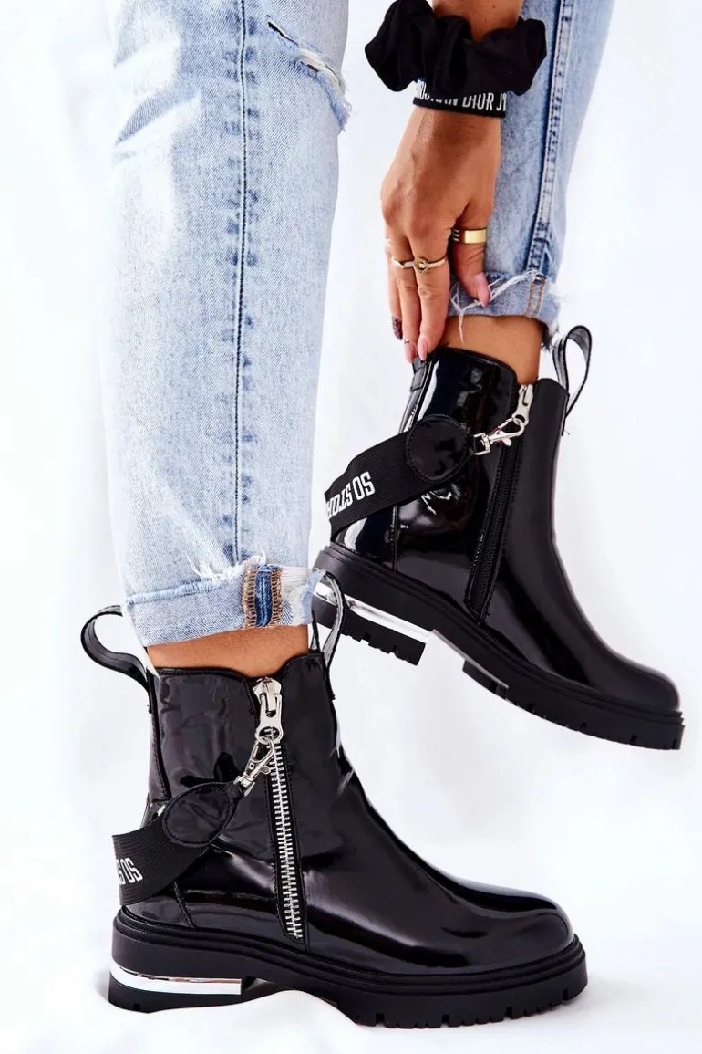 Skórzane Lakierowane Botki Z Suwakiem Czarne Cortona