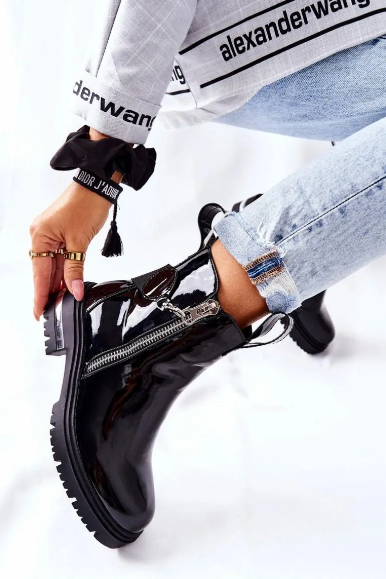 Skórzane Lakierowane Botki Z Suwakiem Czarne Cortona