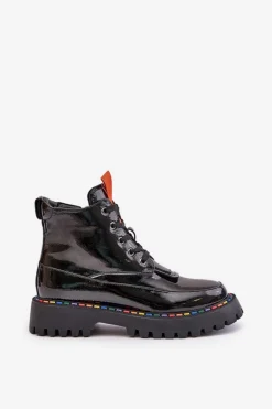 Skórzane Lakierowane Botki Workery Na Zamek Czarne Anafra