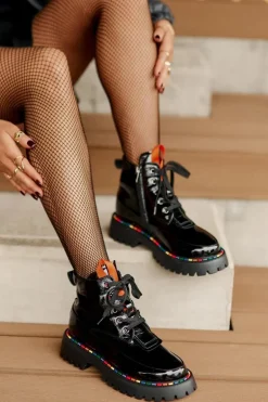 Skórzane Lakierowane Botki Workery Na Zamek Czarne Anafra