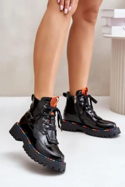 Skórzane Lakierowane Botki Workery Na Zamek Czarne Anafra